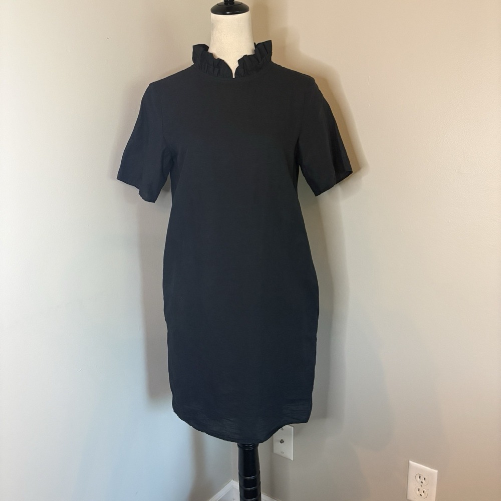 COS Black Linen Cotton Ruffle Collar Mock Neck Shift Dress Size US 4 Pockets LBD